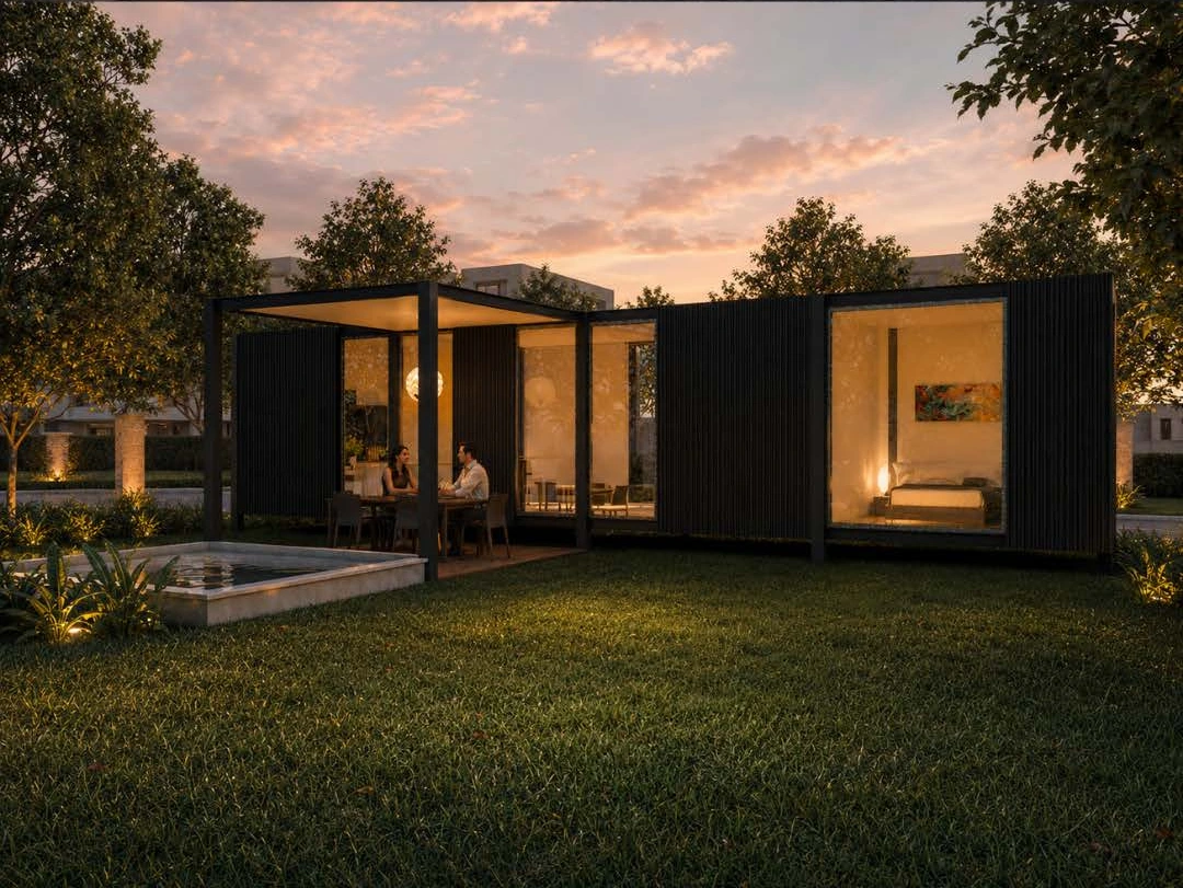 Vivienda prefabricada Buildbox de 56 m² con terraza iluminada y jardín al atardecer