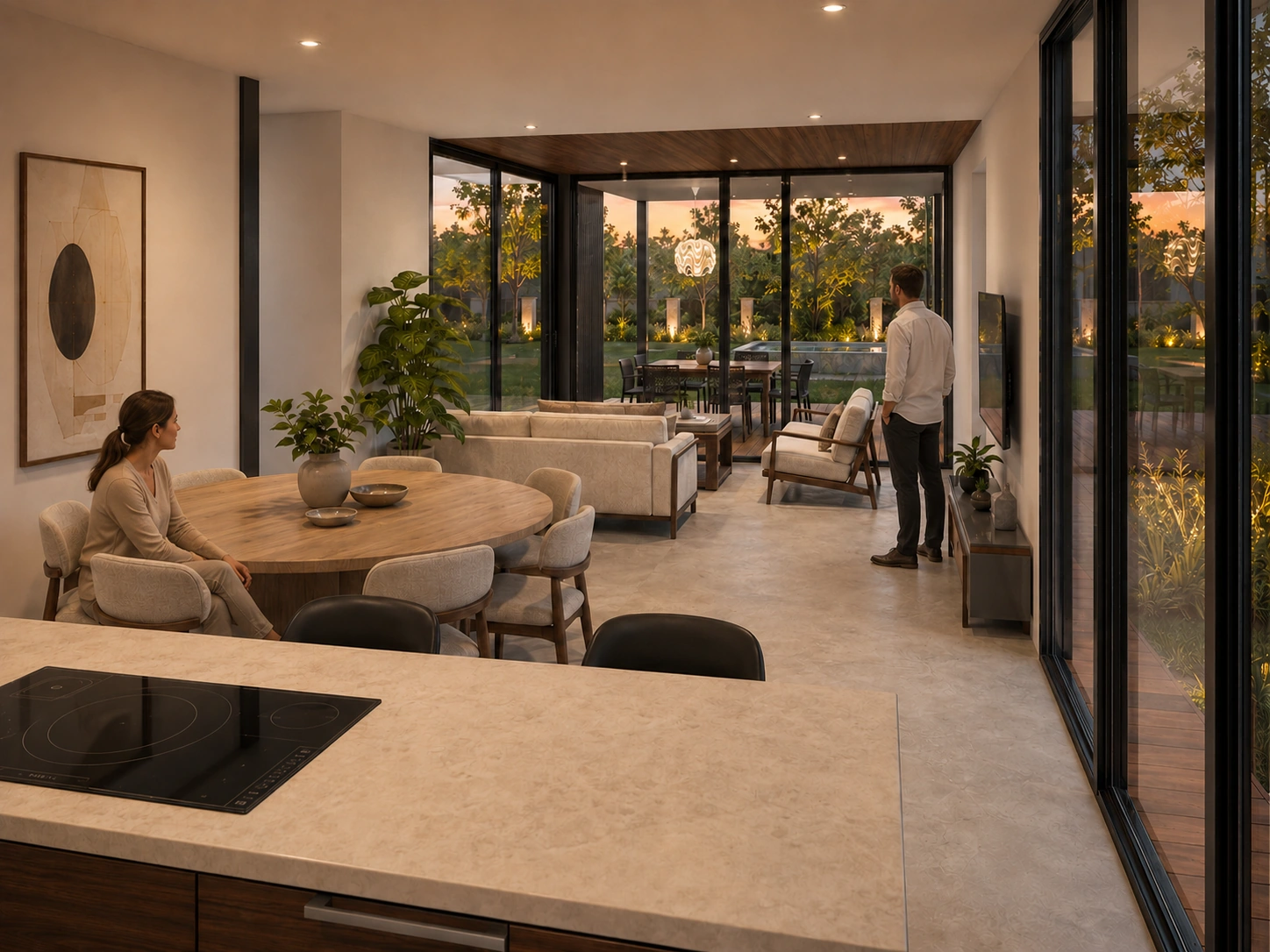 Interior del modelo de 87 m² con cocina, comedor y sala: materiales, iluminación y acabados