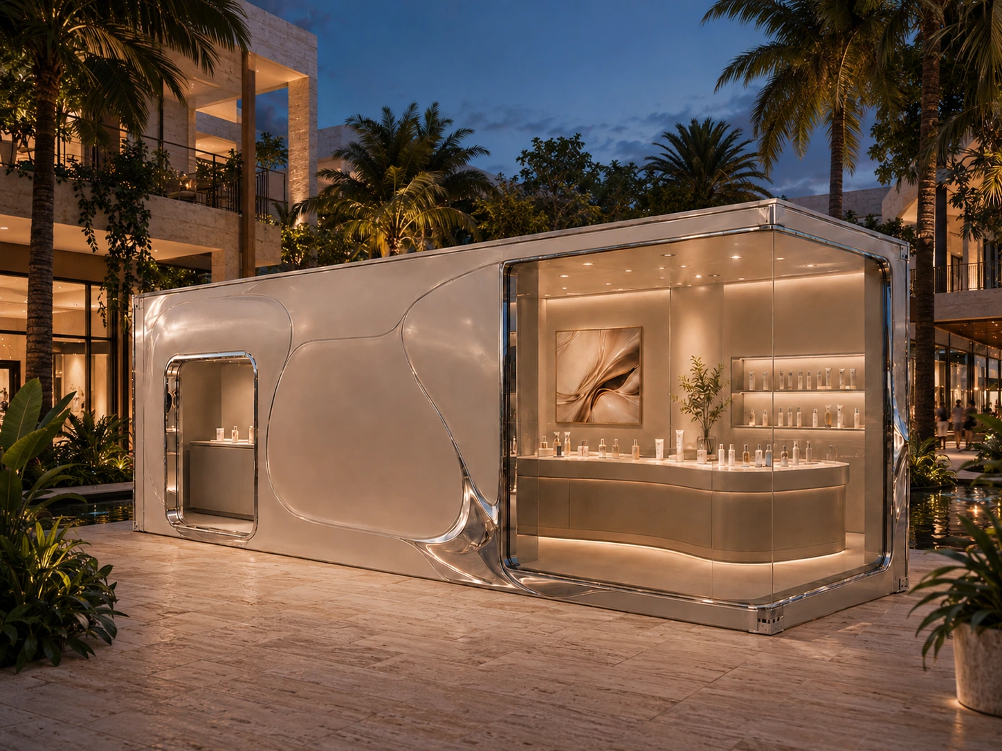 Propuesta de módulo comercial Buildbox con fachada metálica e iluminación arquitectónica